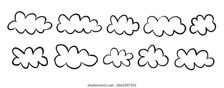 Conjunto de Formas de nube de crayón negro. Dibujado a mano doodle colección. Paquete de nubes garabateadas ásperas. Paquete de elementos de croquis con textura infantil para Anuncio, póster, collage, pegatina. Lindo diálogo cómico. Vector