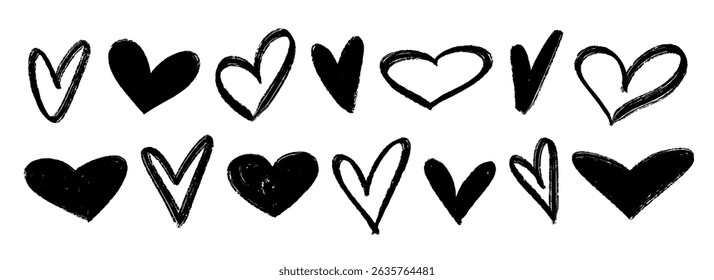 Black crayon hand drawn hearts set. Childish doodled heart collection. Grunge rough brush stroke romance love element pack for collage, poster, sticker. Sketched dry pastel pencil symbols. Vector