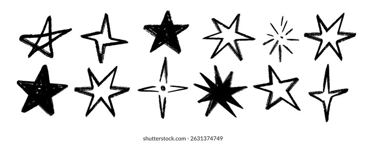 Black crayon hand drawn stars set. Childish doodled sparkles and sparks collection. Grunge rough brush stroke shine element pack for collage, poster, sticker. Kid sketched wax pencil symbols. Vector