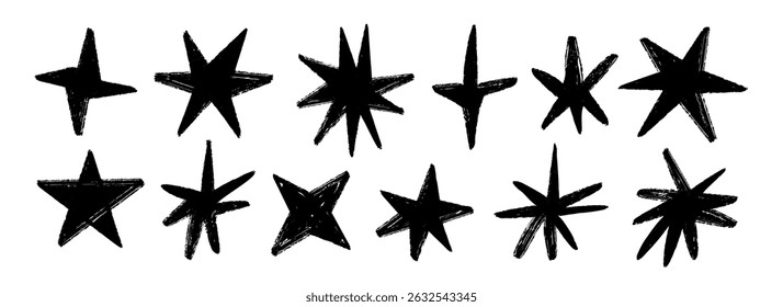 Black crayon hand drawn stars and sparkles set. Childish doodled sparks collection. Grunge rough brush stroke shine element pack for collage, poster, sticker. Kid sketched pencil symbols. Vector