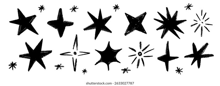Black crayon hand drawn stars and sparkles set. Childish doodle sparks collection. Grunge rough brush stroke shine element pack for collage, poster, sticker, label. Kid sketched pencil symbols. Vector
