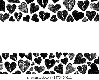 Black crayon hearts border on white background, hand drawn illustration

