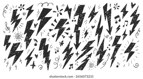 Black Crayon Lightning Bolts Doodle Set with Symbols and Isolated Vector Art