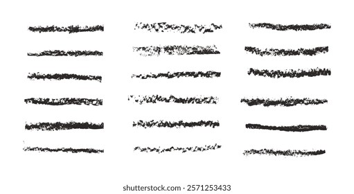 Black crayon lines set. Charcoal brush stroke doodle. Underline pencil elements. Scribble long textured grunge highlight. Vector sketch strips drawn by chalk illustration isolated on white background.