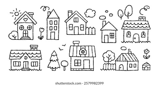 Black crayon pencil drawing of doodle houses. Childish charcoal sketch of farm home and village buildings, sun, trees, flower and kennel. Cute hand drawn houses, vector illustration