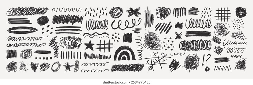 Black Crayon Pencil Scribble Textures and Shapes. Children's Charcoal Hand Drawn Doodle Scratches. Vector Elements of Waves, Squiggles, Circles, Lines, Dots, Scratches for Patterns, Templates