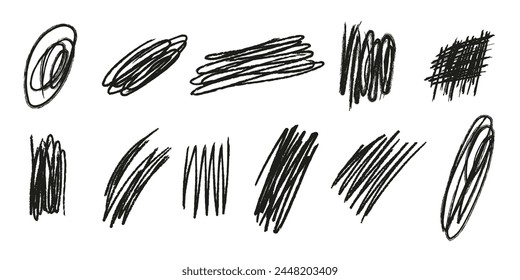 Black crayon stroke lines and squiggles. Abstract scribble ink brush vector set. Hand drawn pencil daub scratches isolated on white background.