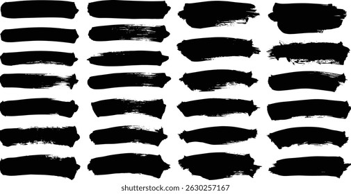 Black crayon stroke set - straight, wavy underlines and decorative borders. Hand drawn divider design elements with rough edges and uneven texture.