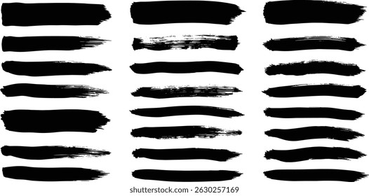 Black crayon stroke set - straight, wavy underlines and decorative borders. Hand drawn divider design elements with rough edges and uneven texture.