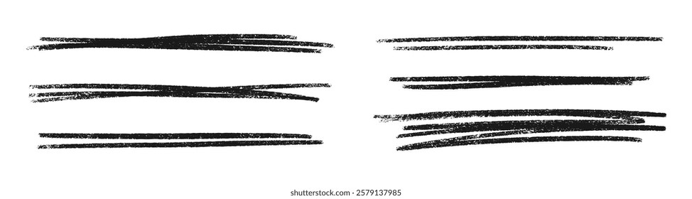 Black crayon textured lines with grunge effect - rough horizontal brush strokes of varying length in inky charcoal shade. Hand drawn underline elements for graphic design, text decoration or emphasis.