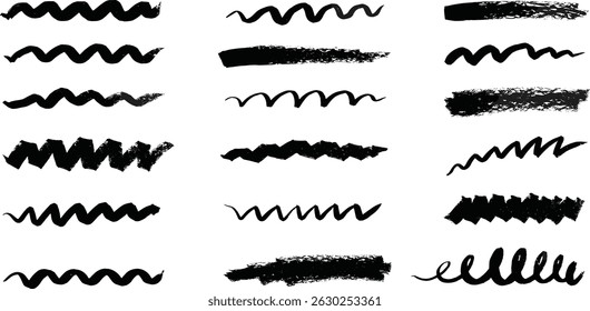 Black crayon underline divider collection - straight lines, dashed marks, wavy borders, dotted rows, zigzag patterns with chalk texture. 