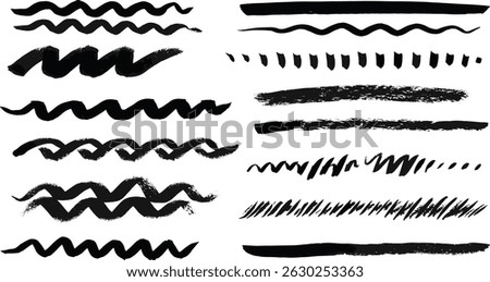 Black crayon underline divider collection - straight lines, dashed marks, wavy borders, dotted rows, zigzag patterns with chalk texture. 