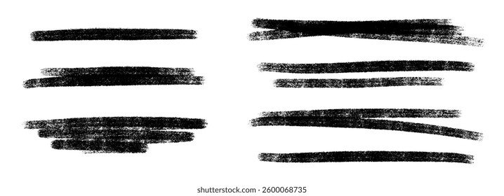Black crayon underline strokes set - hand-drawn horizontal lines, rough edges. Grunge sketch underlines for text highlight, emphasis. Various thickness and length border, divider, page decor element