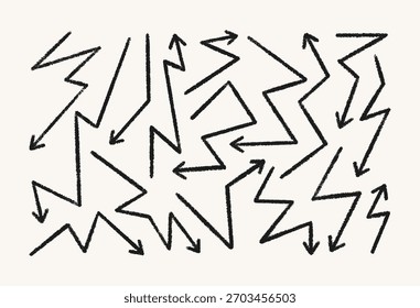 Schwarzer Stift Zigzag Pfeil Icons Set. Vektor handgezeichnete Bleistift Zig Zag Formen im Kinderstil. Doodle Geometrische Pfeile für Vorlage, Promotion und Webdesign