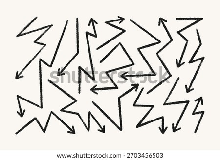 Black Crayon Zigzag Arrow Icons Set. Vector Hand Drawn Pencil Zig Zag Shapes in Kids Style. Doodle Geometric Arrows for Template, Promo and Web Design