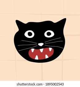 Black crazy cat. Head of crazy black cat with open mouth. Wild black panther tattoo. Doodle illustration vector.