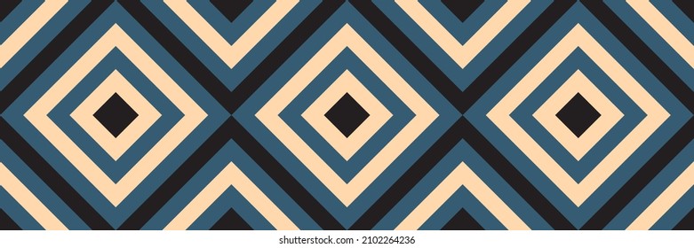 Black, cream and blue abstract line geometric diagonal square seamless pattern banner background. Vector illustration.