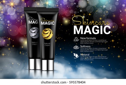 Black Cream Bottles on Black Magic Background. Excellent Cosmetics Advertising, Gentle Creams. Cosmetic Package Design Sale or Promotion New Product. 3D Vector Illustration.