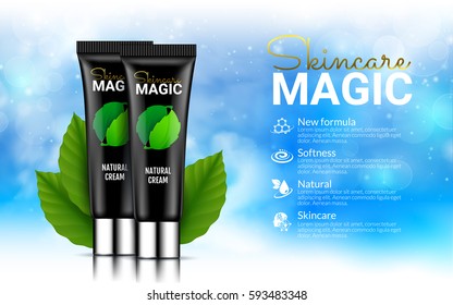 Black Cream Bottles on Soft Blue Background with Leafs Green leaves. Excellent Cosmetics Advertising, Gentle Creams. Cosmetic Package Design Sale or Promotion New Product. 3D Vector Illustration.