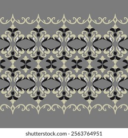 Black and cream classic traditional damask on grey background design, seamless pattern, vector illustration. Design for fabric ends, fabric border, and clothing.
