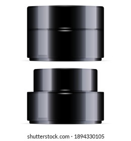 Black cream jar. Cosmetic jars, vector packaging mockup. Beauty product gloss container. Cosmetics package for powder or wax isolated on white background. Body butter can, facial skin serum