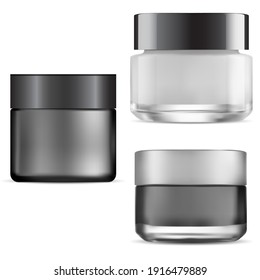 Black cream jar. Glass cosmetic package. Vector can for face cream. Beauty scrub packaging blank. Men wax container blank. Premium modern facial gel jar template. Glossy powder can