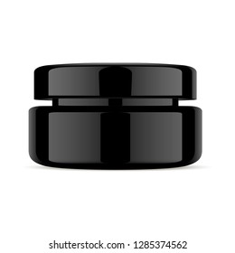 Black Cream Jar. Plastic or Glass 3d Cosmetic Mockup. Round Container for Premium Men Beauty Product: Gel, Scrub, Wax, Powder, Balm. Glossy vector Advertising Packaging Template with Lid. Medical Bowl