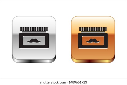 Black Cream or lotion cosmetic jar icon isolated on white background. Body care products for men. Silver-gold square button. Vector Illustration