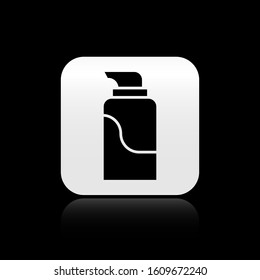 Black Cream or lotion cosmetic tube icon isolated on black background. Body care products for men. Silver square button. Vector Illustration