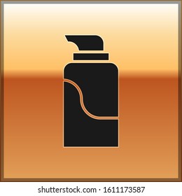 Black Cream or lotion cosmetic tube icon isolated on gold background. Body care products for men.  Vector Illustration