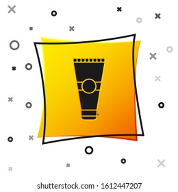 Black Cream or lotion cosmetic tube icon isolated on white background. Body care products for men. Yellow square button. Vector Illustration