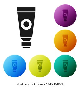 Black Cream or lotion cosmetic tube icon isolated on white background. Body care products for men. Set icons colorful circle buttons. Vector Illustration