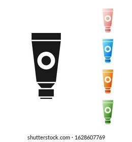 Black Cream or lotion cosmetic tube icon isolated on white background. Body care products for men. Set icons colorful. Vector Illustration