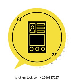 Black Create account screen icon isolated on white background. Yellow speech bubble symbol. Vector Illustration