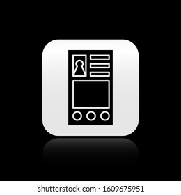 Black Create account screen icon isolated on black background. Silver square button. Vector Illustration
