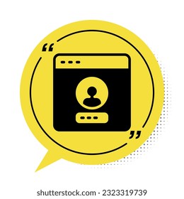 Icono de la pantalla de creación de cuentas en negro aislado en fondo blanco. Símbolo amarillo de burbuja de habla. Vector