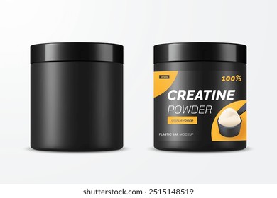 Black creatine powder jar mockup. Blank sports nutrition packaging with place for your label design. Plastic matte cosmetics jar. Realistic 3d style. Isolated on white. Vector illustration.