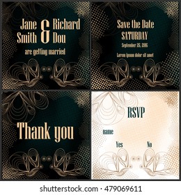Black creative wedding invitation set with rustic halftones and butterflies