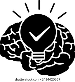Black Creativity Icon. Vector Illustration of Brain and Glowing Light Bulb. Concept of Innovation, Ideas and Solutions