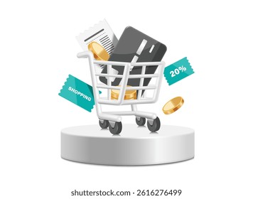 Black credit card, coins or dollar, paper receipt all place in shopping basket or cart and promotion tag label floating in air around, vector3d isolated on white background for shopping online concept