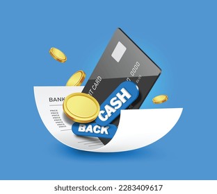 black credit card, coins or money ,cash back label place on receipt paper ,vector 3d isolated on blue background for Promotion to refund customers ,cash back concept for advertising design