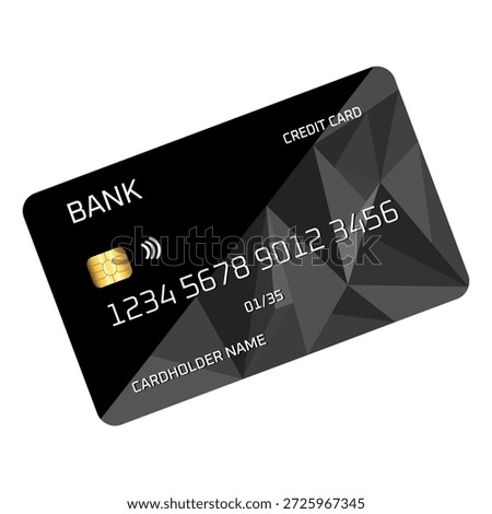 Black credit card with contactless payment chip, geometric design