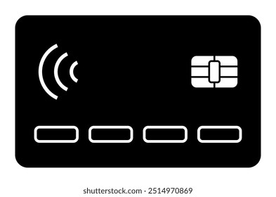 A black credit card design with contactless payment waves and an embedded chip. Ideal for financial services, secure payments, bank cards, digital banking, and modern transactions. Simple, modern, mon