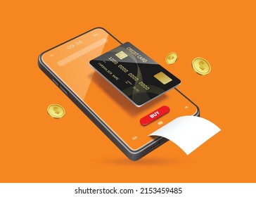 Black credit card floating on smartphone screen and receipt paper flowed out of the screen with gold coins floating in the air,vector 3d isolated on ornage background for financial and online shopping