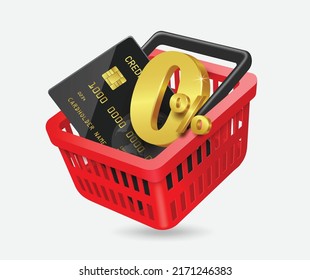 A black credit card and gold 0% text are placed in a red shopping basket for advertising media design, promotion 0% interest,vevtor 3d isolated on white background for financial business concept 