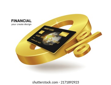 Black Credit Card With Gold Borders On 0% 3D Text And All Floating In Midair For Advertising Media, Promotions 0% Interest And Fee Reduction,vector3d Isolated On White Background For Financial Concept