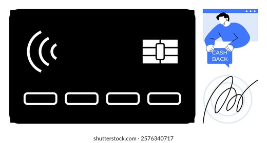 Black credit card highlighting contactless payment with a chip, accompanied by a person on a screen showing cashback feature and a digital signature beneath. Ideal for finance, banking, e-commerce