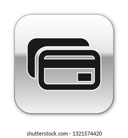 Black Credit card icon isolated on white background. Online payment. Cash withdrawal. Financial operations. Shopping sign. Silver square button. Vector Illustration