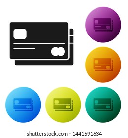 Black Credit card icon isolated on white background. Online payment. Cash withdrawal. Financial operations. Shopping sign. Set icons colorful circle buttons. Vector Illustration