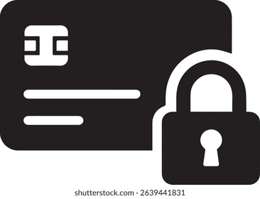 A black credit card icon with white details is shown next to a black padlock with a white keyhole. The style is simple and flat. The image is monochrome.